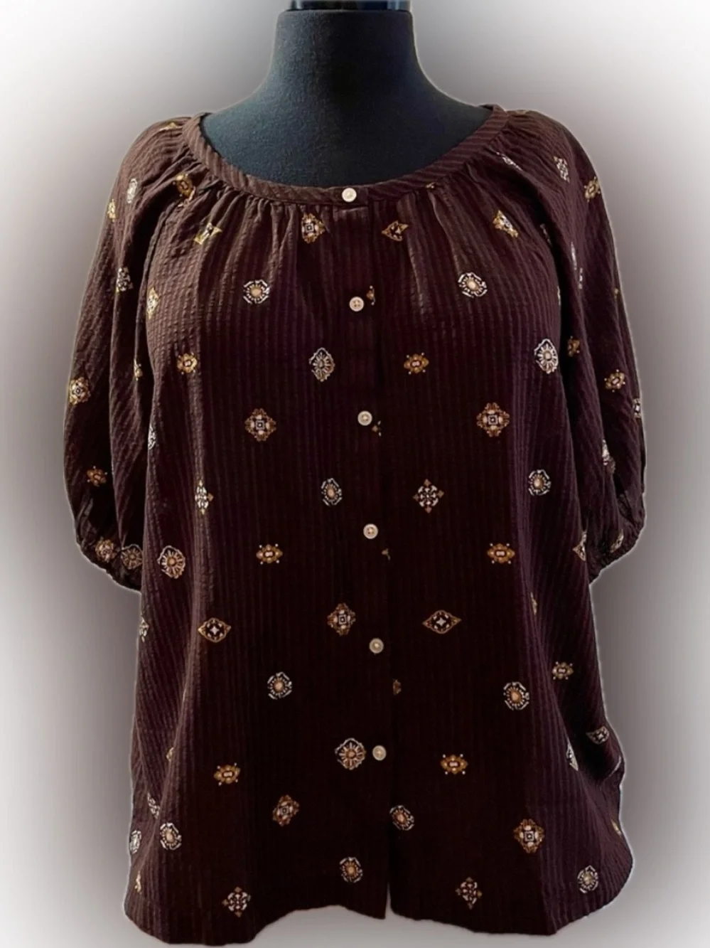 NWT Loft XL Brown Button Up Floral Woven Lightweight Blouse Cottagecore Boho